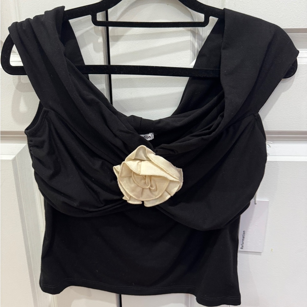 Reformation Black Blouse with Cream Floral Detail